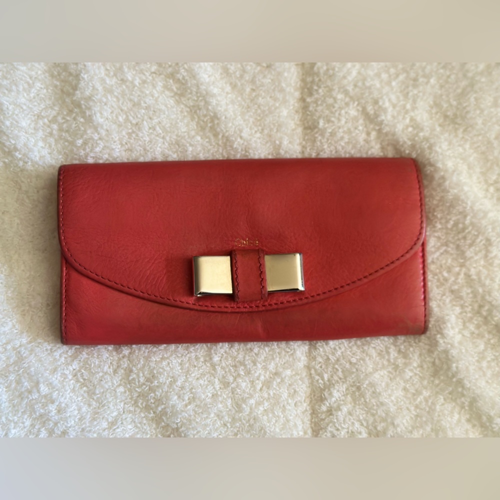 Chloe | Red Calf Skin Long Leather Wallet w/ Silver Bow & Plenty Space | Luxury